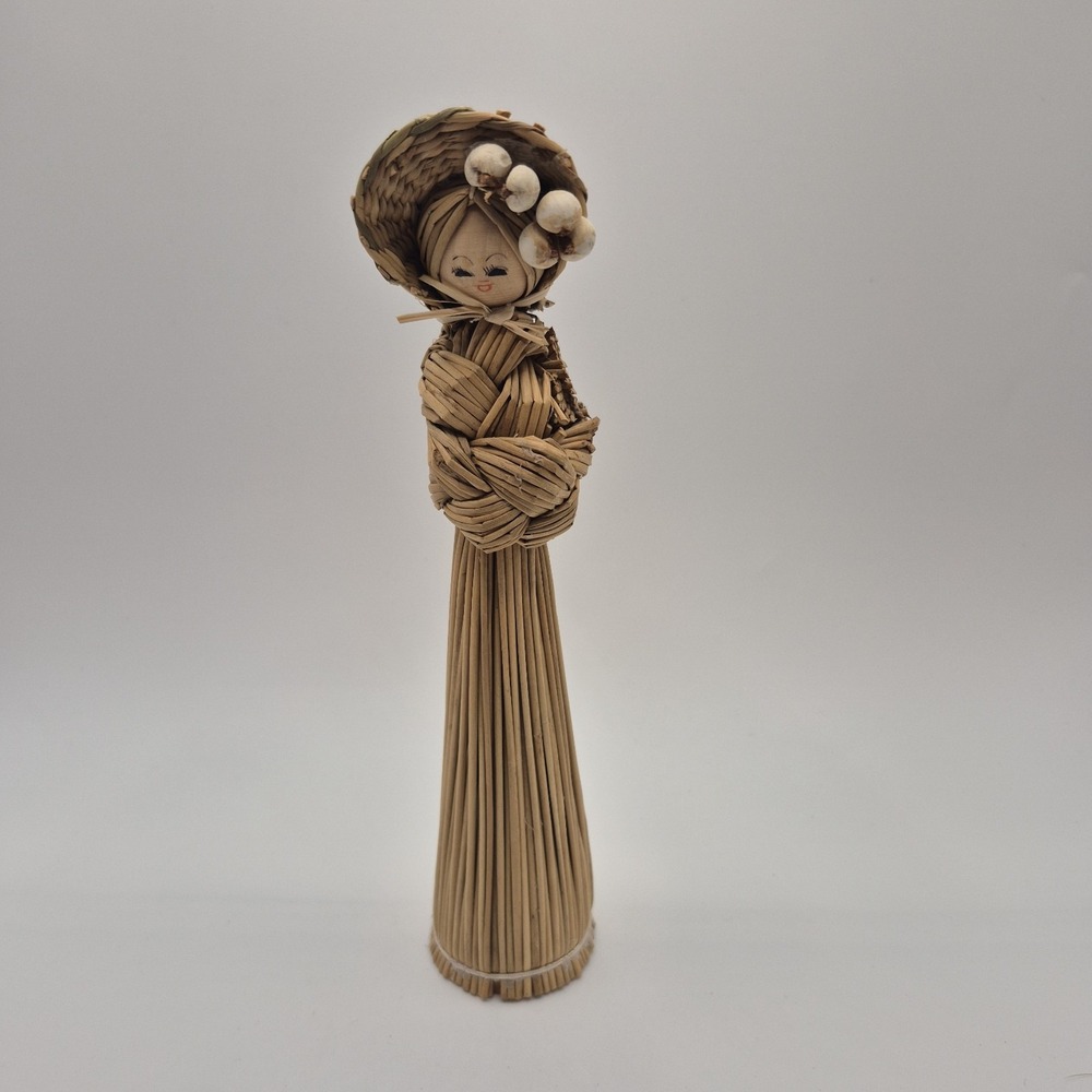 Vintage Korean Straw Doll Handmade Folk Art Woven Rush Broom Figurine Lady Hat
